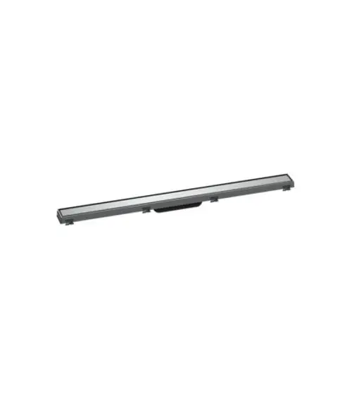 Duschrinne von Hansgrohe in länglicher Form, mit höhenverstellbarem Rahmen und chromfarbener Oberfläche, auf neutralem Hintergrund.